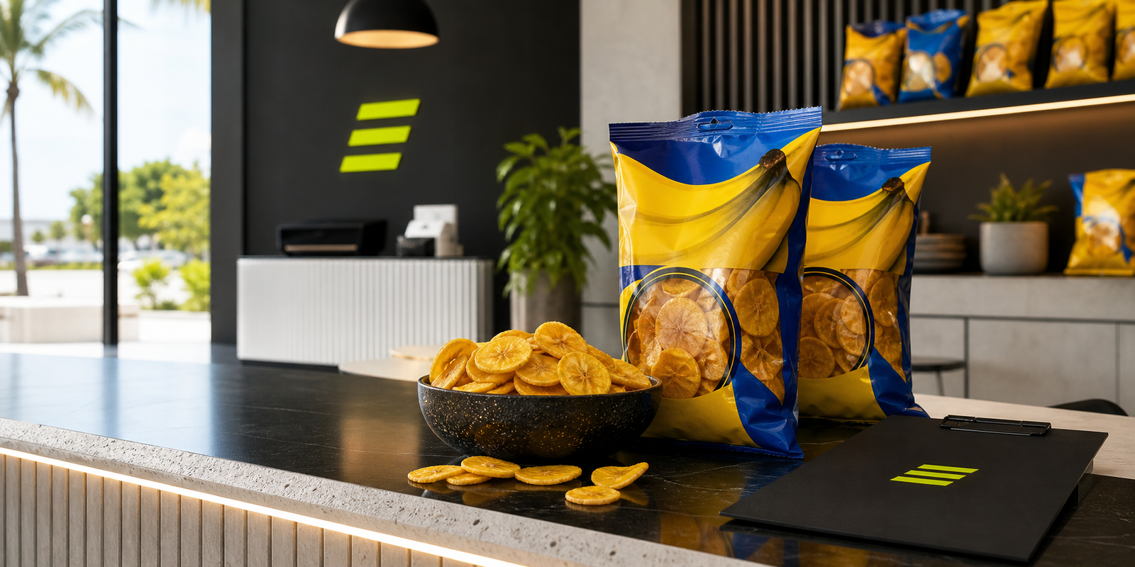 Cafe retail counter styled with ESTADO snack distribution visuals
